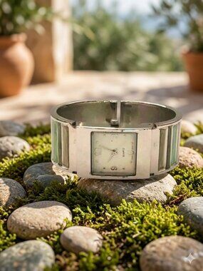 Mediterranean Enamel Cuff Bracelet Watch Sage Green Silver Tone Sculptural Boho